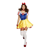 Fever Fairytale Costume, mid thigh length dress, full yellow skirt with attached petticoat, blue stretchy velvet bodice with organza frill on neckline, puffy sleeves with red ribbon accents, red choker and headband.