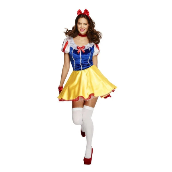 Fever Fairytale Costume, mid thigh length dress, full yellow skirt with attached petticoat, blue stretchy velvet bodice with organza frill on neckline, puffy sleeves with red ribbon accents, red choker and headband.