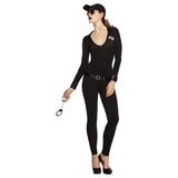 FBI Ladies Costume - Black bodysuit with "FBI" on chest, belt and cap.
