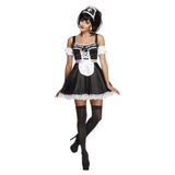 Fever Flirty French Maid Costume, dress with straps, full skirt attached apron, seperate sleeves and headpiece.
