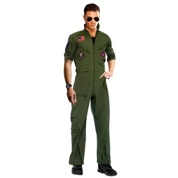 Fighter Ace Pilot Adult Jumpsuit in green with badges.