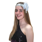 Flapper Headband - Silver and White, silver sequin stretchy band, net and bead trim in white.