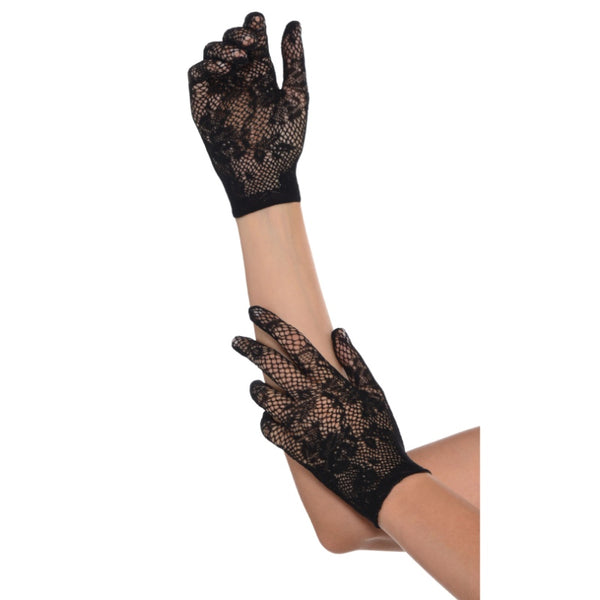 Floral Net Short Black Gloves