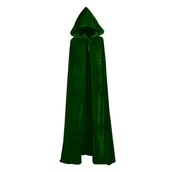 Forest green velvet hooded cape for adults, 150 cm long.