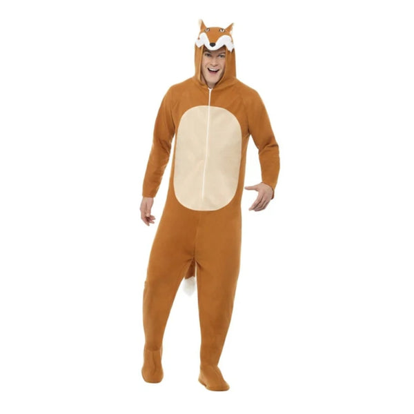 Fox All in One Costume - Adult, tan jumpsuit with cream tummy, attached hood and boot covers.