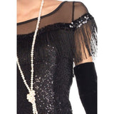 Foxtrot flapper costume to hire in tiny sequin fabric with sheer at shoulders and sequin and fringe trim.