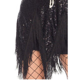 Foxtrot Flapper Costume - Black- Hire, short dress with diagonal fringing at hemline.