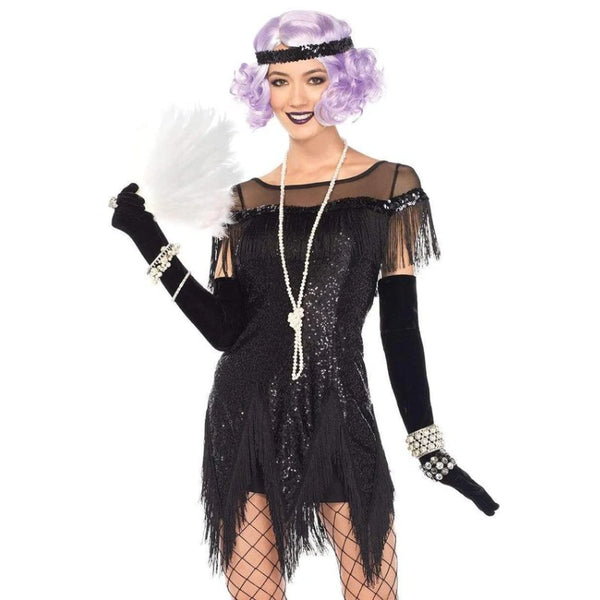 Foxtrot flapper costume to hire, short style with angle fringing on a sequin front, Hire includes, dress , gloves, beads, headdress and boa.