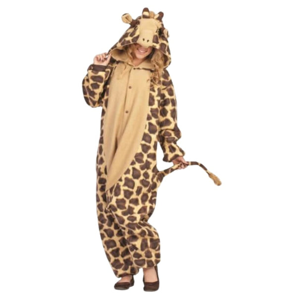 Funsie Giraffe Costume - Hire, jumpsuit with low crotch, snaps closed at the front with attached hood and tail. Suitable for men and women.