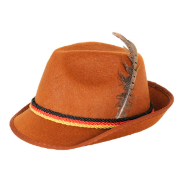 German Trilby Hat-Brown, adult size with feather.