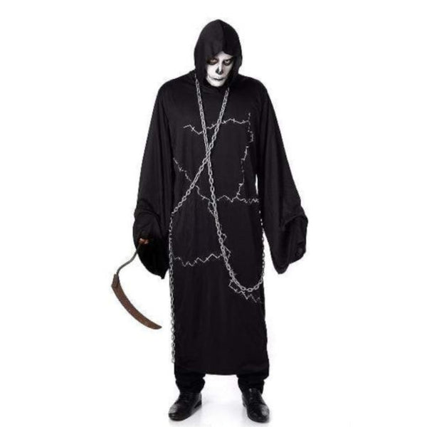 Ghoustly Ghoul Adult Costume, black robe with wide sleeves and hood which features ranom stitching on the front and grey plastic chain accessory.