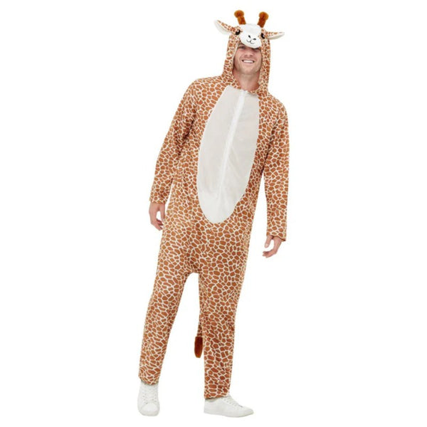 Giraffe Adult Costume - Brown, jumpsuit with attached hood featuring a giraffe face and attached tail.