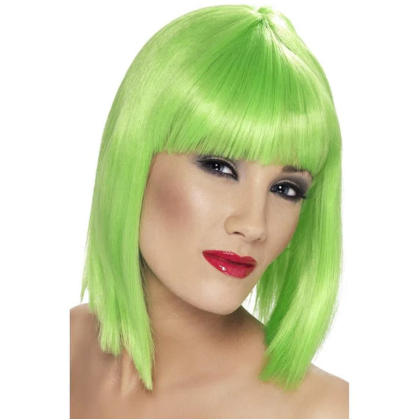 Short Neon Green Blunt Glam Wig, long bob.