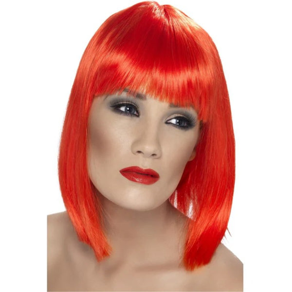 Short Neon Red Blunt Glam Wig, long bob style.