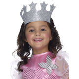 Glinda the good witch child costume, dress and silver glitter tiara with fleur de lis turrets on elastic band.