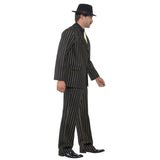 Gold Pinstripe Gangster Costume, black with gold fine stripe, double breasted jacket and pants with black shirt front and gold tie.