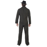 Gold Pinstripe Gangster Costume, black with gold fine stripe, double breasted jacket and pants with black shirt front and gold tie.