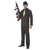 Gold Pinstripe Gangster Costume, black with gold fine stripe, double breasted jacket and pants with black shirt front and gold tie.