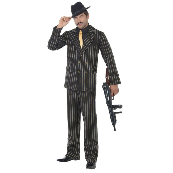 Gold Pinstripe Gangster Costume, black with gold fine stripe, double breasted jacket and pants with black shirt front and gold tie.
