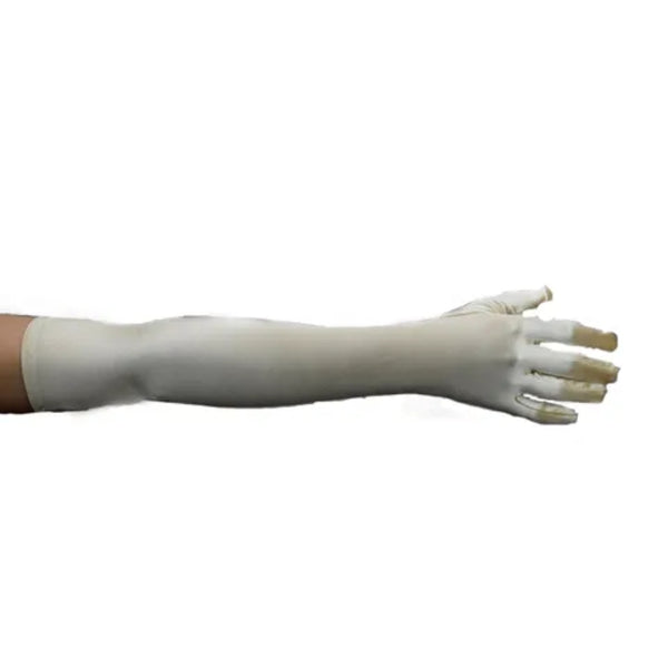 gold satin gloves, elbow length with good fit.