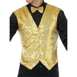 Front view of gold sequin waistcoat with satin back and adjustable tab, ideal for showtime, stage, or costume wear.