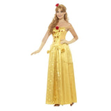 Golden Princess Ladies Costume - Gold, long yellow dress with peplum and feature roses. Includes dress, gloves and headband.