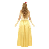 Golden Princess Ladies Costume - Gold, long yellow dress with sheer peplum and feature roses.