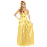 Golden Princess Ladies Costume - Gold, long yellow dress with peplum and feature roses.