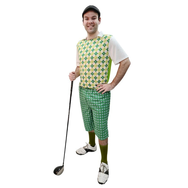 Golf Pro Adult Costume, fair isle print shirt front with green back and check elastic waist shorts.