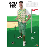 Golf Pro Adult Costume, fair isle print shirt front with green back and check elastic waist shorts.