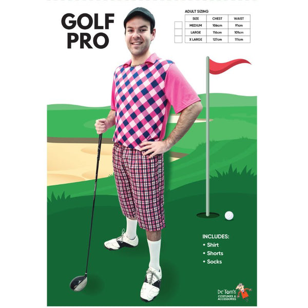 Golf pro adult costume in pink diamond print shirt front with check shorts elastic waist.