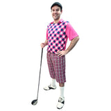 Golf pro adult costume in pink diamond print shirt front with check shorts elastic waist.