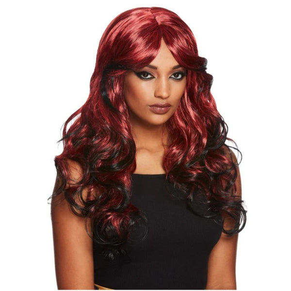 Gothic Temptress Wig, Black & Red, long wavy red wig with black tips.