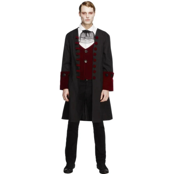 Gothic Vamp Costume, mens knee length black coat with burgand cuffs and mock waistcoat, plus black cravat.