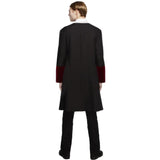 Gothic Vamp Costume, mens black knee lenth coat with burgandy cuffs and detail, attached burgandy waistcoat and black sheer cravat.