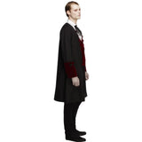 Gothic Vamp Costume, mens black knee lenth coat with burgandy cuffs and detail, attached burgandy waistcoat and black sheer cravat.