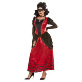 Gothic vampiress costume, black and red dress with bat print on skirt, vampire high collar.