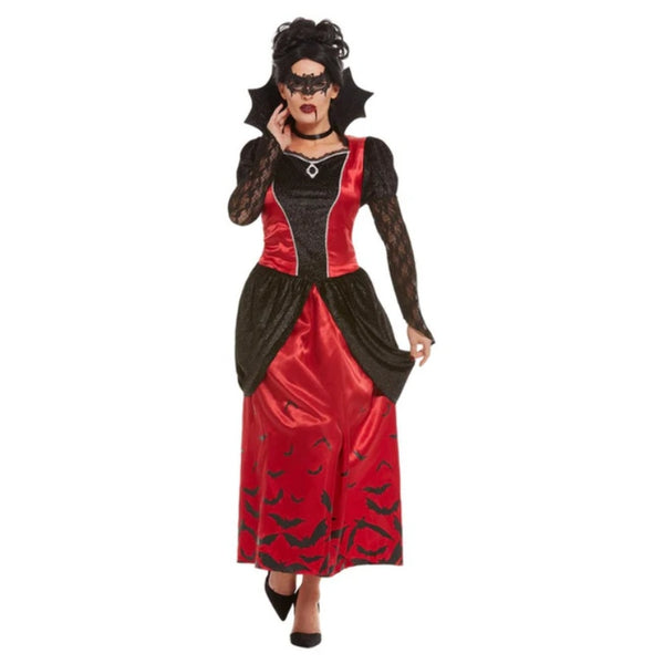 Gothic Vampiress Costume - Black, long red dress with bats, black peplum, lace long sleeves, vampire collar,