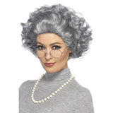 Granny Kit Wig, Glasses & Necklace, grey wig has a blow dry curly style.