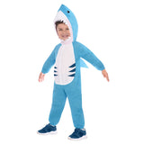 Great White Shark Child Costume, blue and white jumpsuit with back fin, seperate hood for head opening for face with toothy smile.