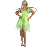 green fairy womens costume, dress with layered jaggered hemline, bodice with jagged cap sleeve plus wings.