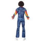 Groovier Dancer Costume, denimeffect jumpsuit with rainbow sleeves and wide collar plus flare pants.