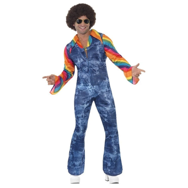 Groovier Dancer Costume, denimeffect jumpsuit with rainbow sleeves and wide collar.
