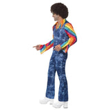 Groovier Dancer Costume, denimeffect jumpsuit with rainbow sleeves and wide collar.