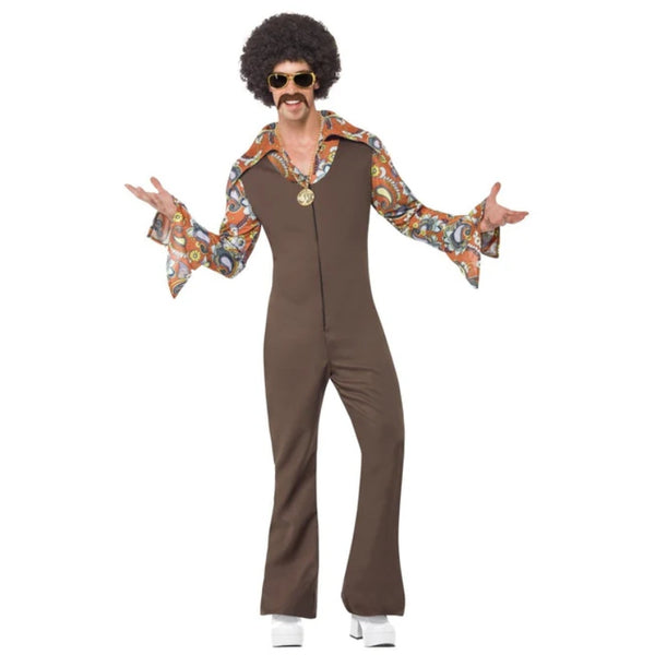 Groovy Boogie Men's 70's Disco Costume, brown jumpsuit with printed collar and sleeves.