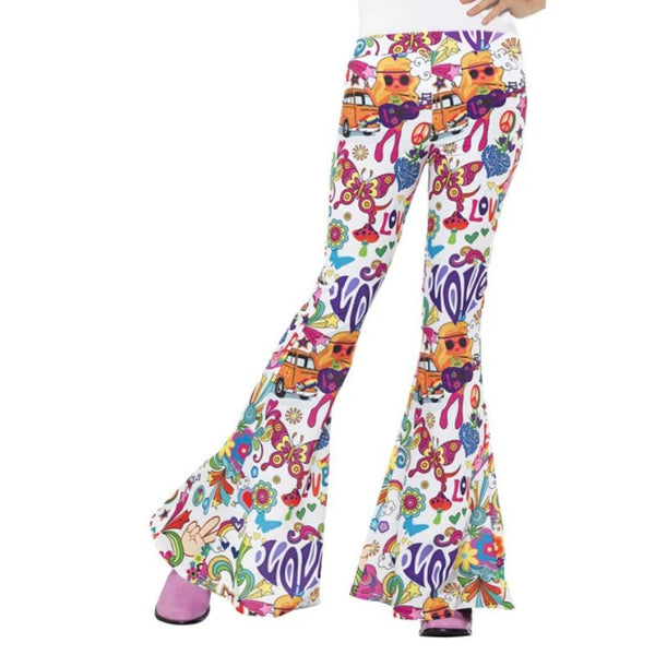 60s Groovy Flared Trousers - Ladies, polyester trousers, hippie, peace and love print with wide flare.