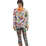 Groovy suit hire, mens suit in 60's & 70's vibe, peace, love and flower power print. Includes Jacket, Pants, Shirt and Tie.