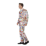 Groovy suit hire includes, colourful 60s print jlined jacket, pants, tie and shirt.