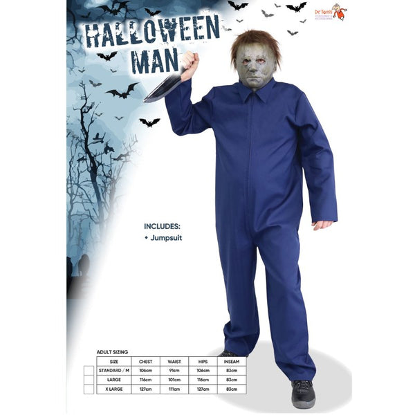 Halloween Blue Mens Jumpsuit, zip up the front.