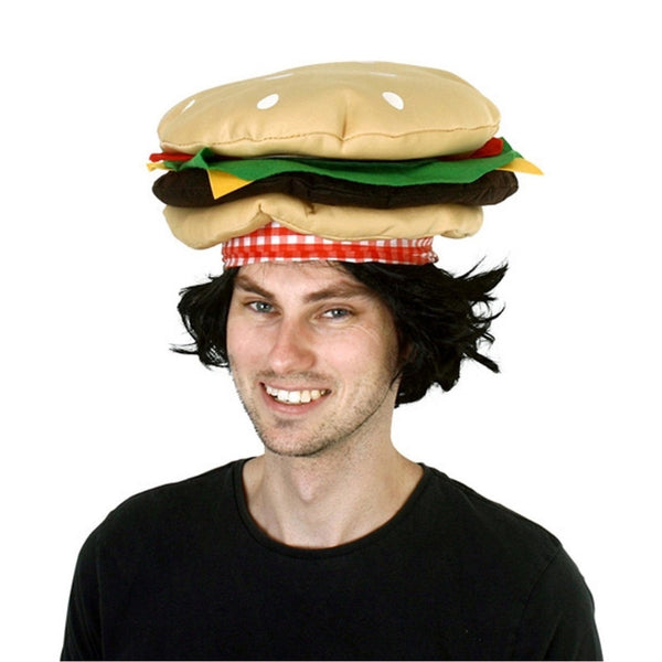 Hamburger hat in adult size, buns with layers of felt to resumble food.